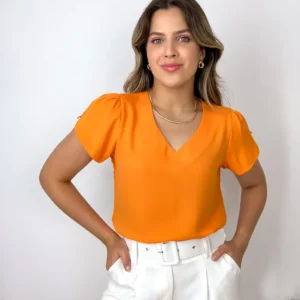 Blusa Feminina Em Crepe Decote V Manga Com Botão Laranja - POLIANA
