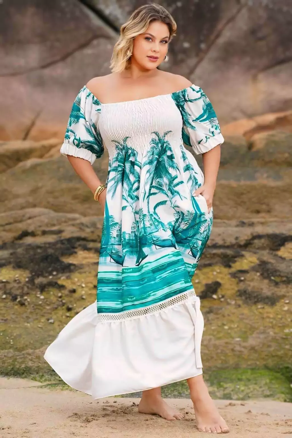 Vestido Plus Size Verde Longo Estampado - Imagem 2
