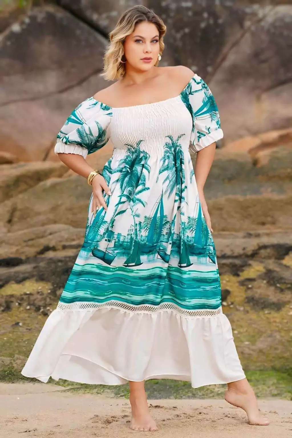 Vestido Plus Size Verde Longo Estampado - Imagem 3